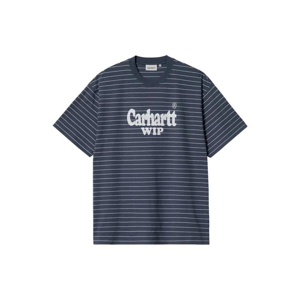 Carhartt WIP Мужская футболка в полоску с принтом букв, с круглым вырезом, с коротким рукавом, сине-белая I032850-1XP-XX