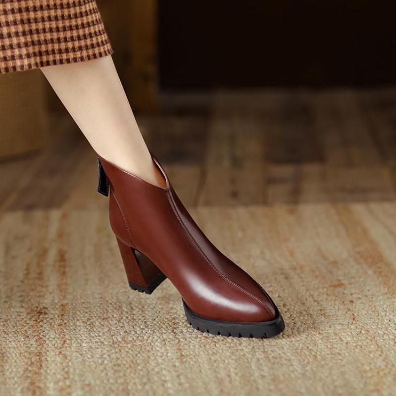 Fashion 2024 Hot Sale Shoes Female Zipper Winter Women's Boots Pointed Toe Solid Plus Velvet Warm Short Barrel High Heels British Boots