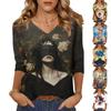 Женские топы, рубашка с рукавом три четверти, свободная повседневная рубашка с V-образным вырезом, футболка с принтом персонажей