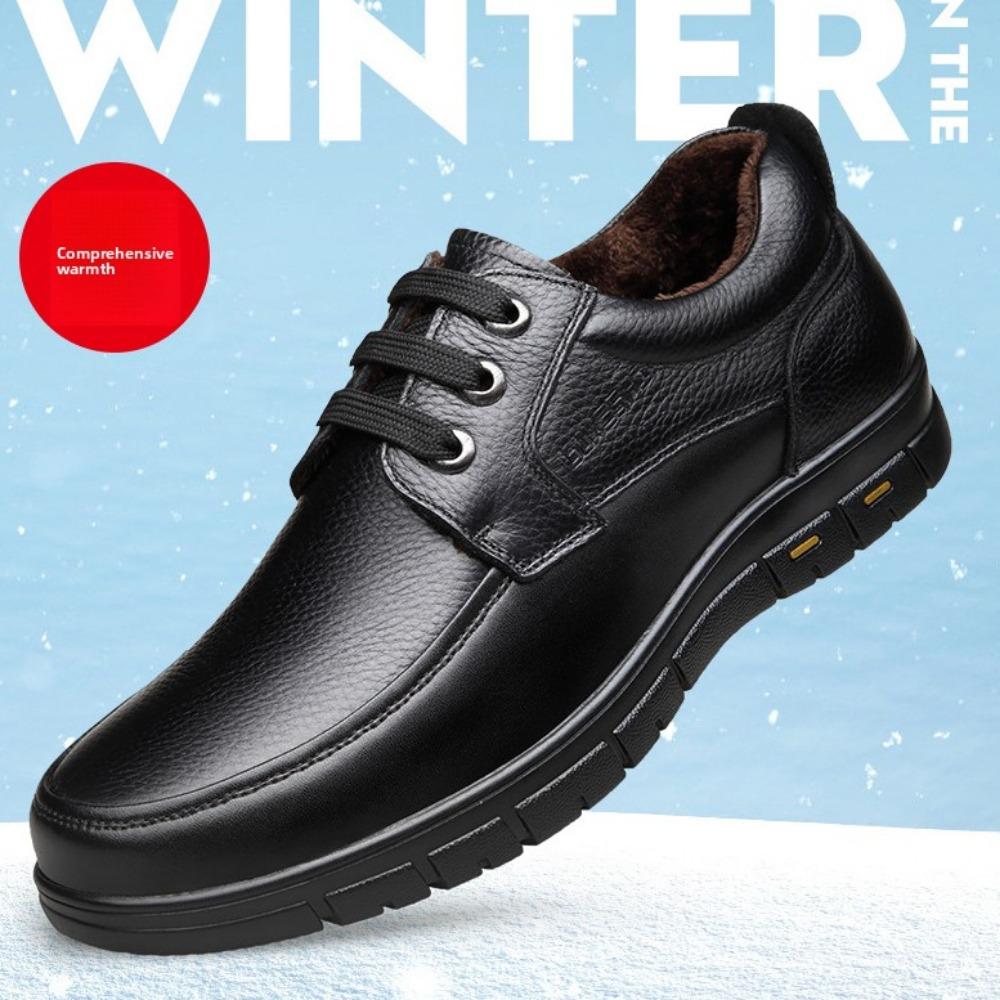 Winter Warm Fur Lined Leather Shoes for Men Soft Sole Comfortable Casual Lace Up Shoes for Middle Aged Dad