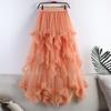 Women Cake Skirt Mid-rise Elastic Waist Irregular Hem Midi Skirt Solid Color Mesh Swing Long Skirt Daily Wear