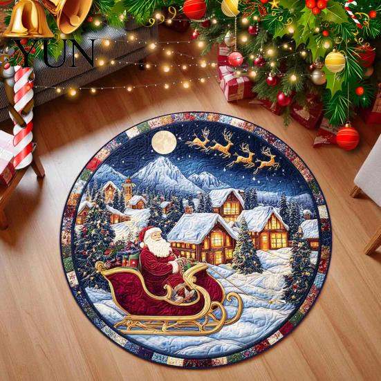 Indoor Holiday Decoration Round Christmas Rug, 39" Imitation Cashmere Santa Snowflake Pattern, Winter Home Decor Area Rug for Living Room Bedroom