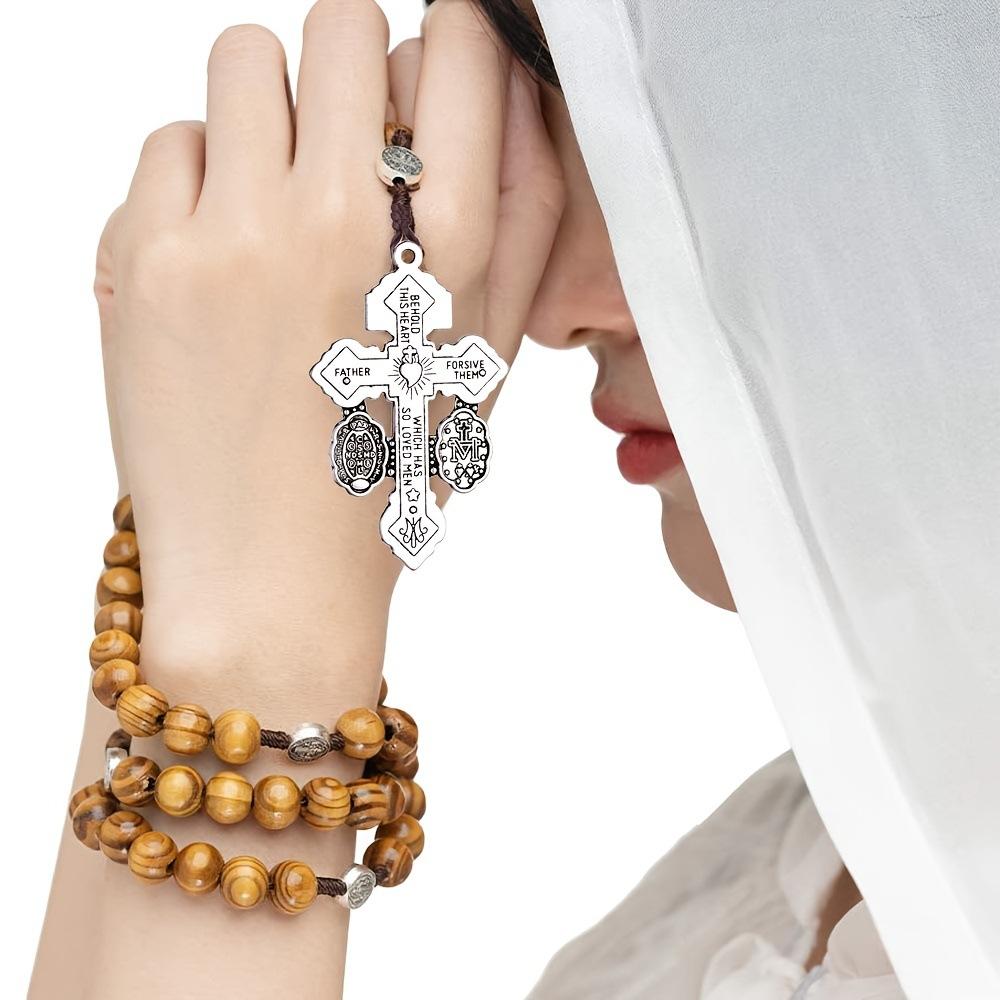 10 мм Деревянные бусины Розарий Крест Ожерелье для женщин Мужчин Мода Религия Ювелирные изделия Подвеска Цепочка