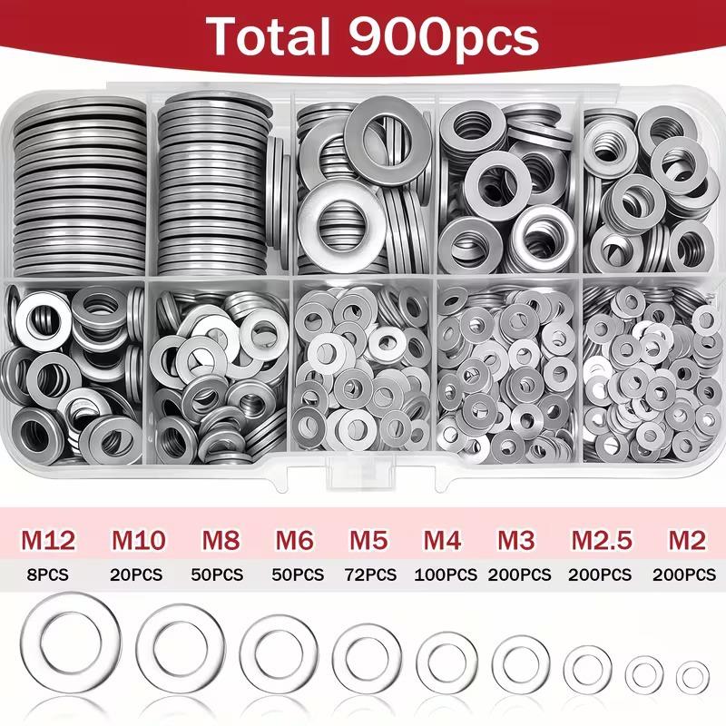Boxed Flat Washer Assortment, 900pcs, M2-M12 O-ring Metal Washers