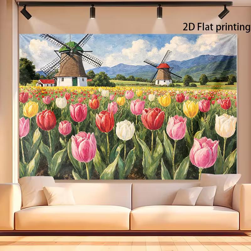 2D Spring Holland Landscape Backdrop featuring Vibrant Tulip Fields and Traditional Windmills