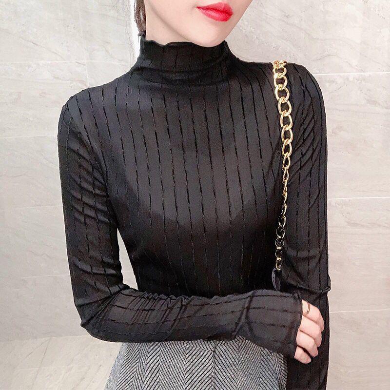 Женская шелковая рубашка с люрексом, высоким воротником и рюшами, с длинным рукавом - Элегантный полосатый базовый слой для осени/зимы