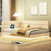 Upholstered Bed Sofa Bed 140x200cm Multifunctional Bed with LED Light Strip, USB Socket And Slatted Frame, Skin-Friendly, Beige, Velvet Fabric