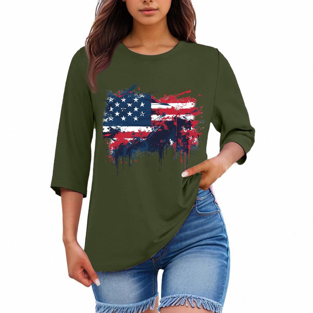 Women's Print Round Neck Top With Three Quarter Sleeves T-Shirt Three Quarter Sleeves T-Shirt