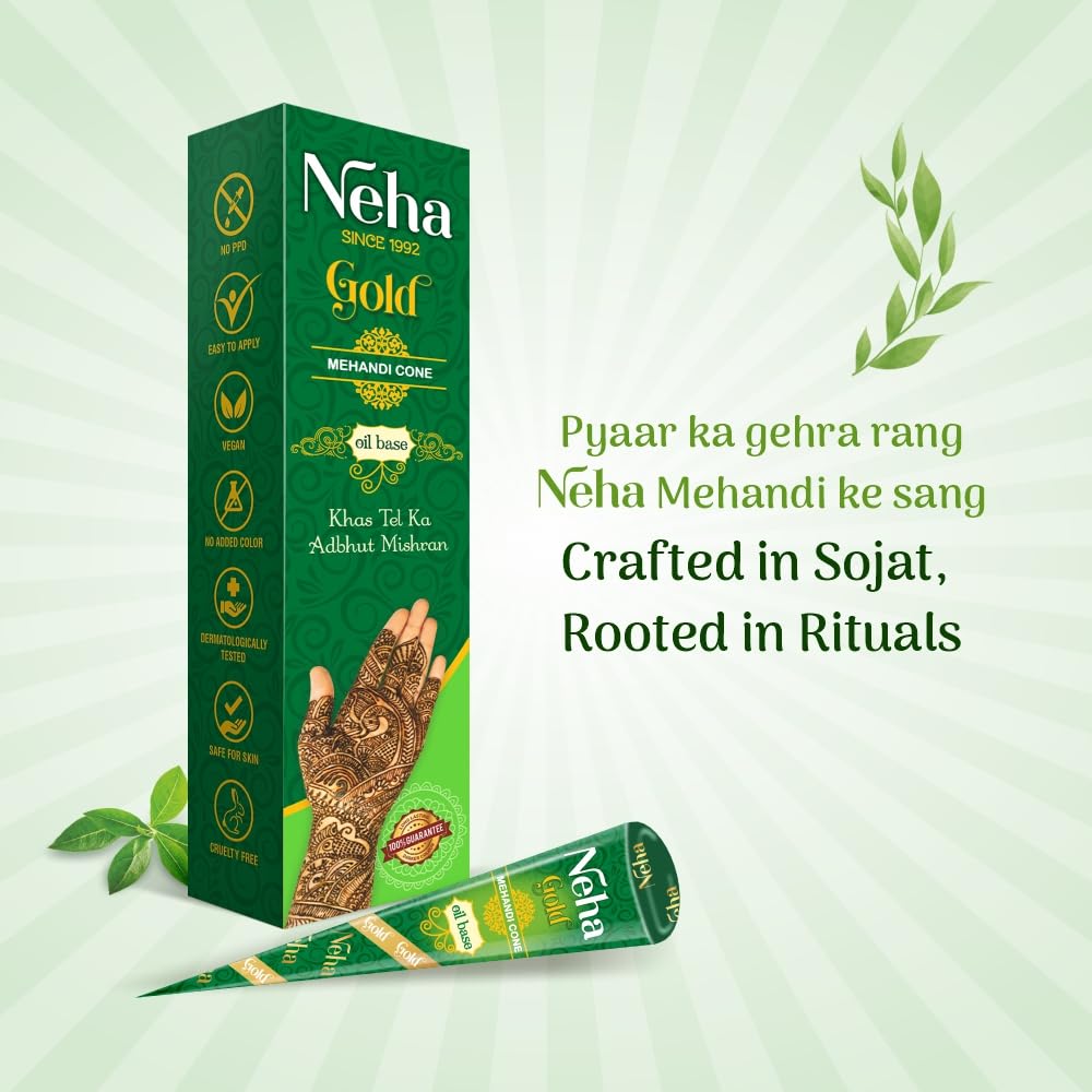 Конус для мехенди Neha GOLD Чистая паста хны с эфирными маслами для рук, ног и тела для временного тату – по 25 г (Упаковка из 2 шт.) – Вес нетто 50 г