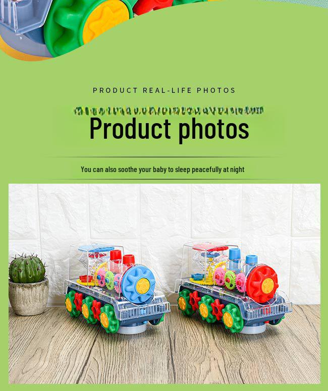 Transparent Musical Rotating Locomotive Toy with Universal Driving and Gear Linkage