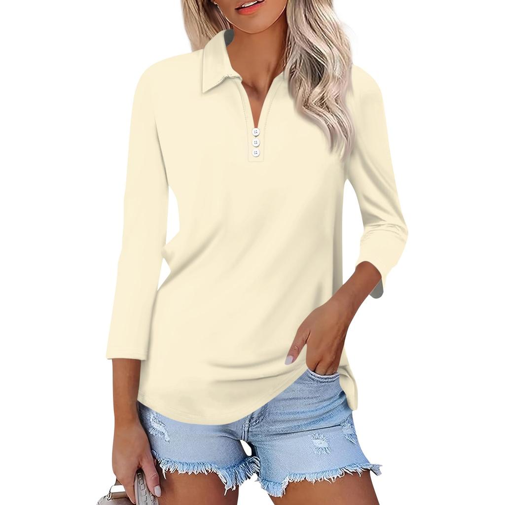 Женская модная повседневная однотонная рубашка с лацканами и рукавами 3/4, женские топы на пуговицах с V-образным вырезом
