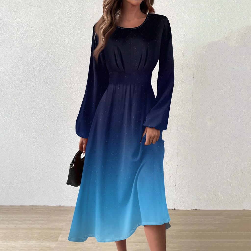 Женское осенне-зимнее повседневное модное платье с круглым вырезом и длинным рукавом с принтом