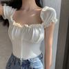 Solid Color Off Shoulder Ruffles Tops Women Spring Summer Slim Shirring French Style Short Sleeve Knitted Shirts