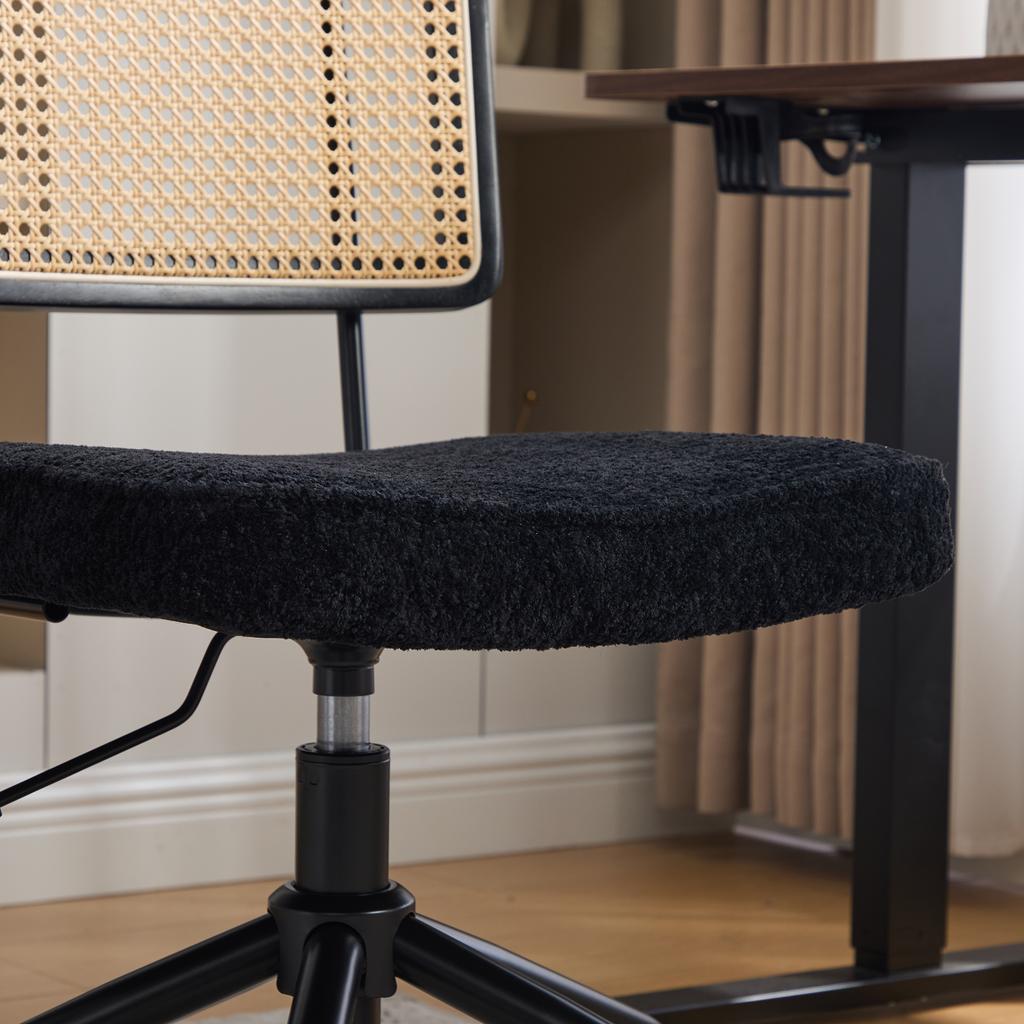 Vintage Rattan Office Chair with Wheels - Adjustable Swivel Desk Chair with Chenille Fabric Seat & Wooden Frame for Home Office, Living Room-Black