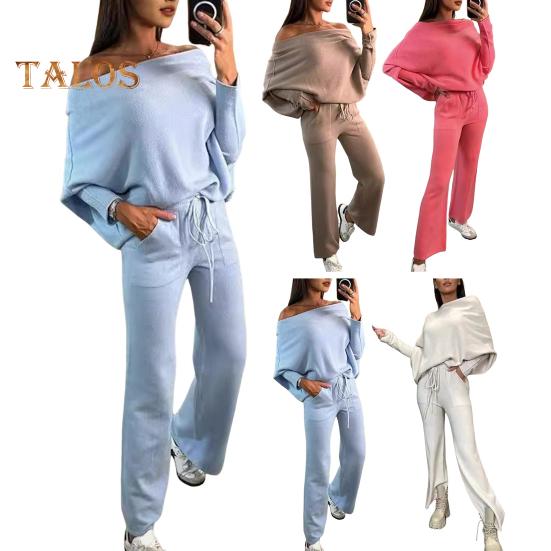 2 шт./комплект женский топ брюки комплект с открытыми плечами длинный рукав летучая мышь толстовка эластичный пояс расклешенные спортивные штаны спортивный наряд осенний повседневный спортивный костюм