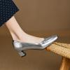Мода 2025 Новые Женские Туфли-Лодочки из Натуральной Кожи, Женская Обувь с Квадратным Носком и Высоким Каблуком, Кожаные Женские Туфли Серебряного Цвета