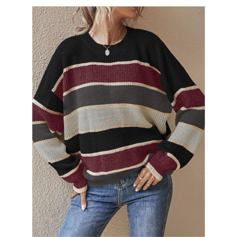 Women Loose Striped Long Sleeve Crew Neck Knit Sweater Autumn Winter