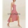 Summer New Product Women's Clothes Vacation Style Plaid Halterneck Lace-up Sleeveless Silm Waist-Tight Split Long Dress