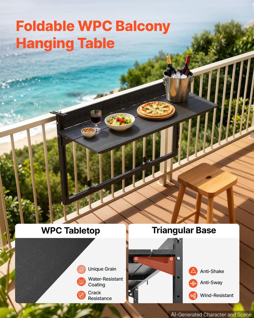 VEVOR Balcony Hanging Table 795 x 380 mm 27 kg Folding Railing Bar Table, for Outdoor Patio Garden Deck Use, Fits 0-90 mm Rails