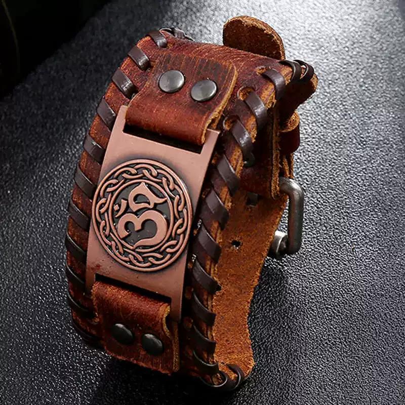 Fashion Leather Cuff Bracelet Men Retro Viking Totem Braided Biker Wristband