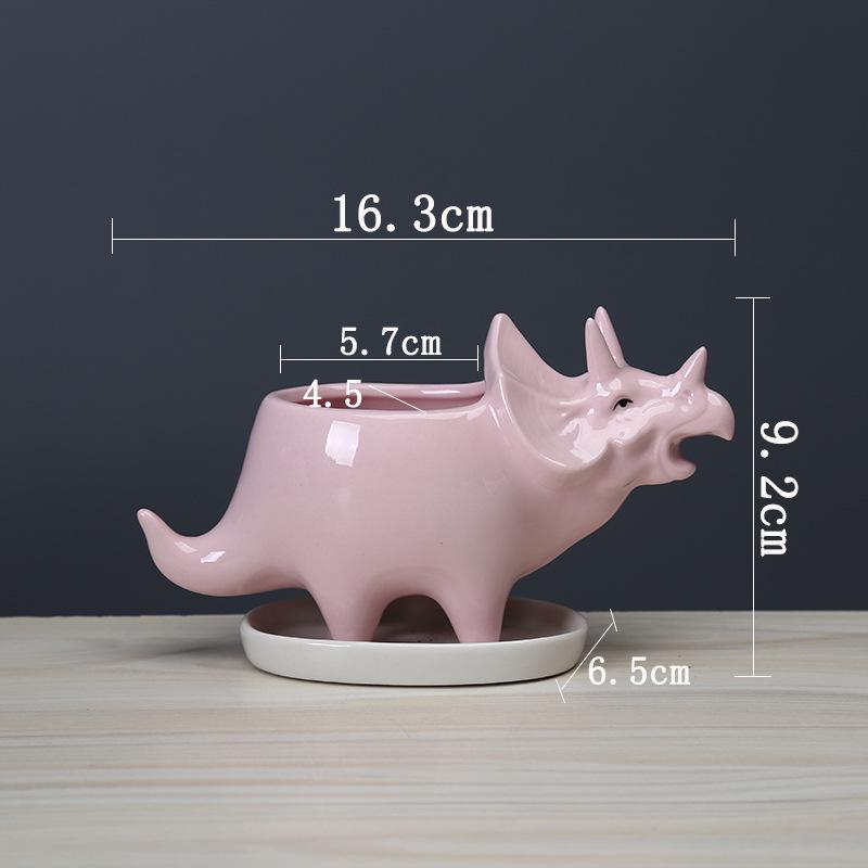 Creative Triangle Dinosaur Succulent Flower Pot Indoor Desktop White Ceramic Flower Pot With Tray