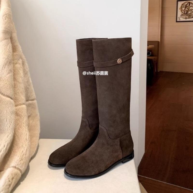 Cowhide Version Retro Small Gold Buckle Leather Platform Boots Women's Belt Buckle Thick Heel Knight Boots Tall Boots Long Boots