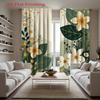 2 шт. Цветочные Зеленые Листья Светло-Бежевые Шторы - 2D Плоская Печать   Дизайн с Карманчиком для Карниза   Полупрозрачная Полиэстеровая Ткань   Машинная