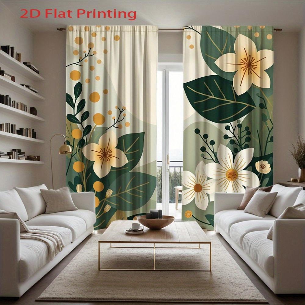 2 шт. Цветочные Зеленые Листья Светло-Бежевые Шторы - 2D Плоская Печать Дизайн с Карманчиком для Карниза Полупрозрачная Полиэстеровая Ткань Машинная
