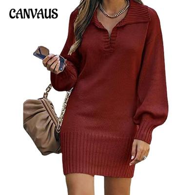 Женский свитер Женский свитер средней длины большого размера Платье-свитер с лацканами и рукавами-фонариками Трикотажное однотонное длинное платье