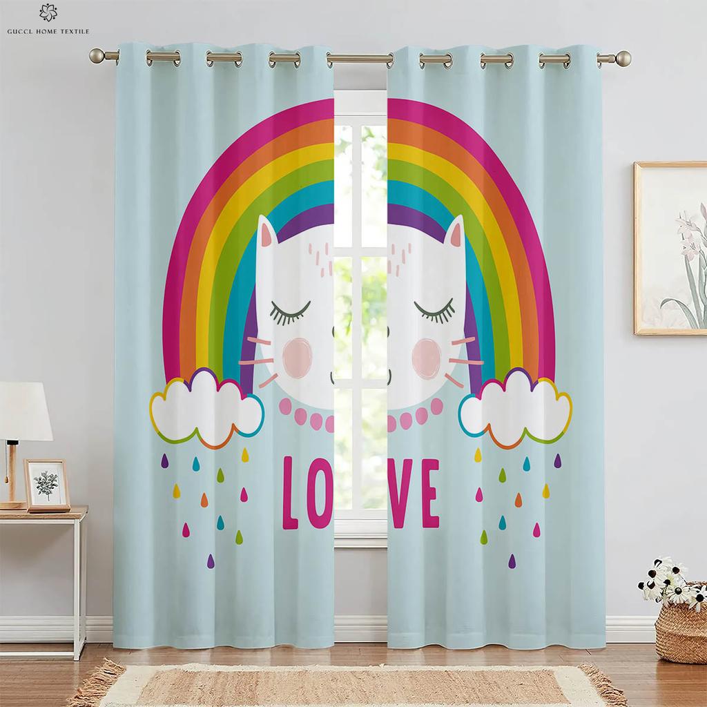 Красочные шторы с радужным мультяшным принтом для детей, украшение окна детской комнаты, легко стирать и ухаживать, 2 шт.