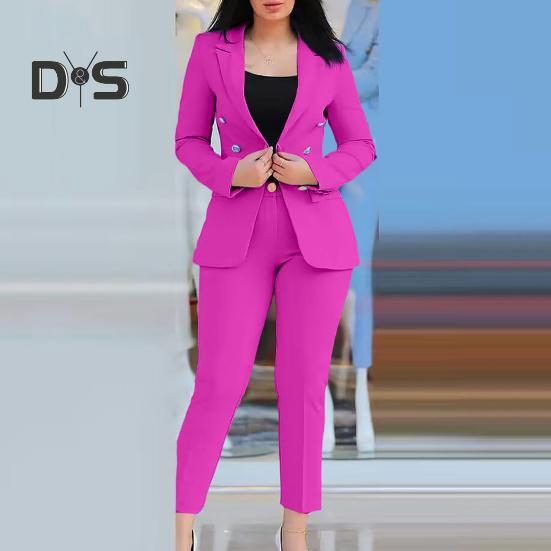 2 Pcs/Set Women Coat Pants Suit Double-breasted Long Sleeve Cadigan Lapel Jacket High Waist Button Zipper Closure Slim Fit Pants Lady OL Commute