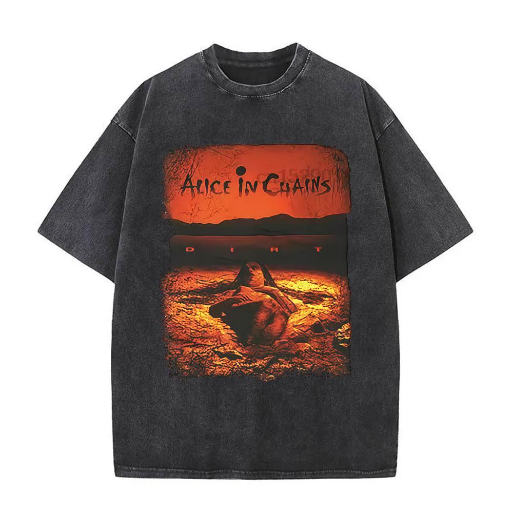 Washed Vintage Rock Band Alice in Chains Album Cover Graphic Print T-shirt Men's Women Gothic Punk Crewneck T Shirts