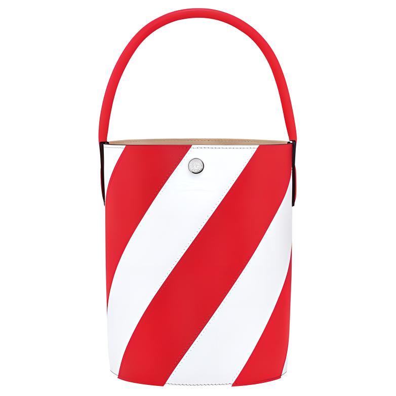 Longchamp Épure 17 Striped Print Snap Closure Leather Bucket Bag Women Handbags Red White 10161HCZ378