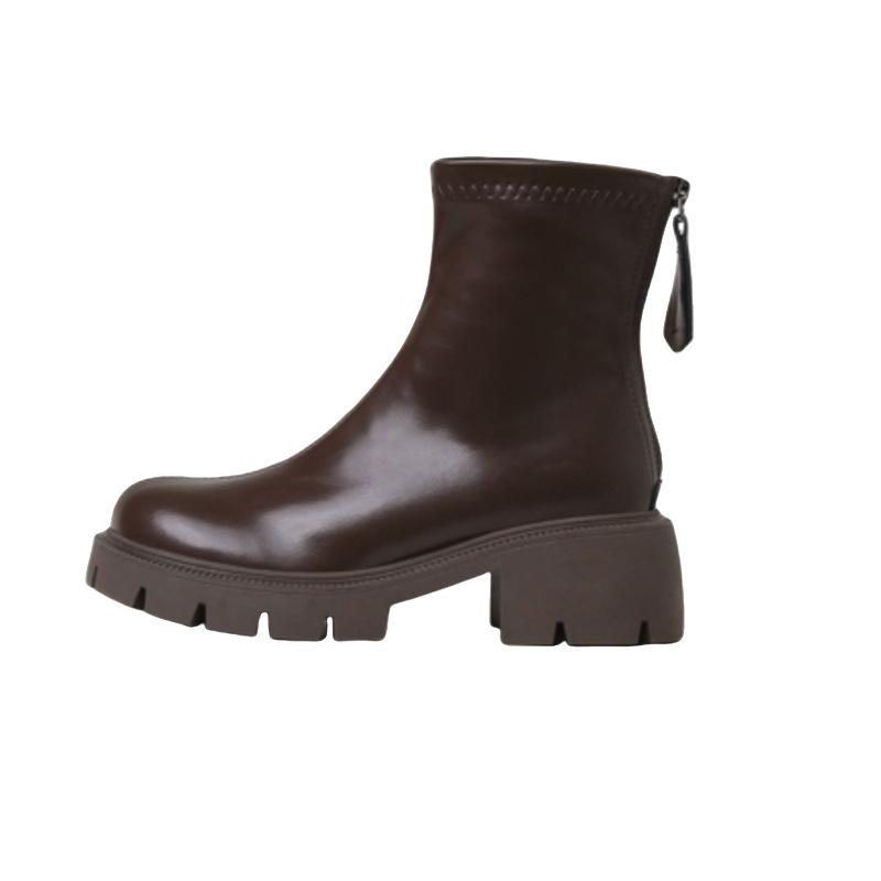 Эластичные маленькие короткие ботинки толстый каблук круглый носок бархатные на толстой подошве ботинки Мартина женские 2025 осень и зима новая мягкая кожа тонкие ботинки