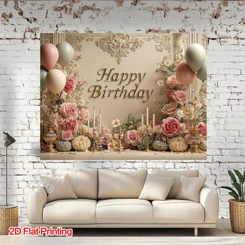 2D Elegant Floral Birthday Backdrop, Retro Ornate Wall Banner, Adult Birthday Party Decor