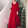 Elegant Red Sequins Midi Dress Women Vintage V Neck Occasions Evening Party Dresses Fashion Chic Design Dresses