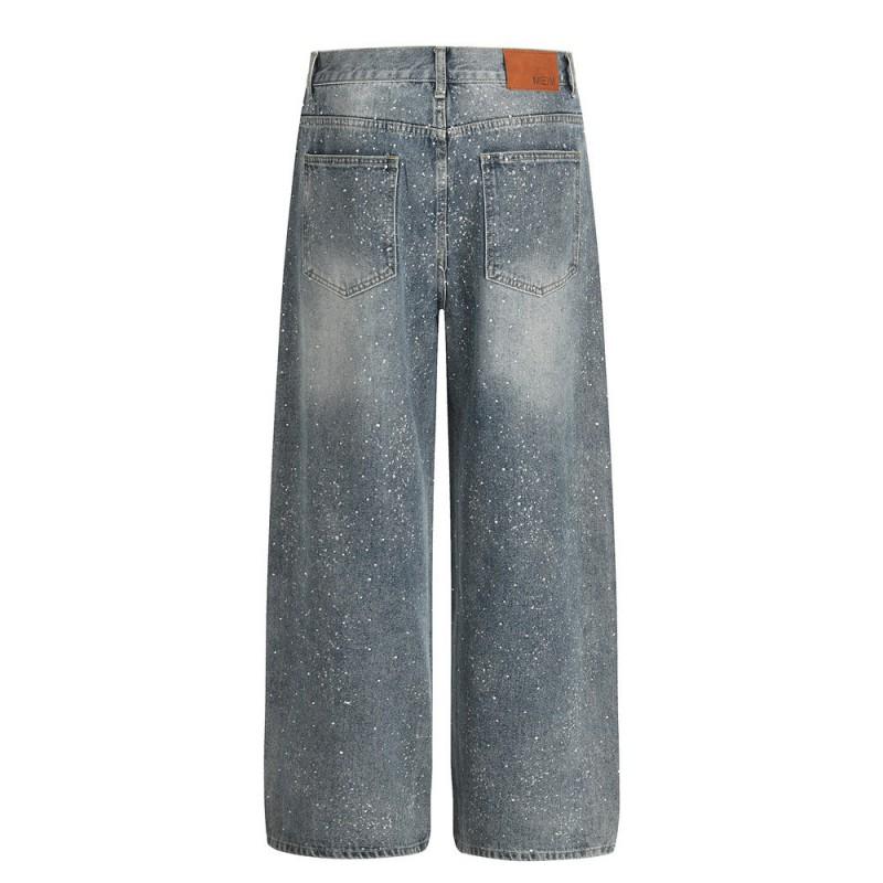 Mens Relaxed Fit Straight Leg Denim Jeans With Washed Effect Rhinestone Embellishment Vintage Streetwear Style