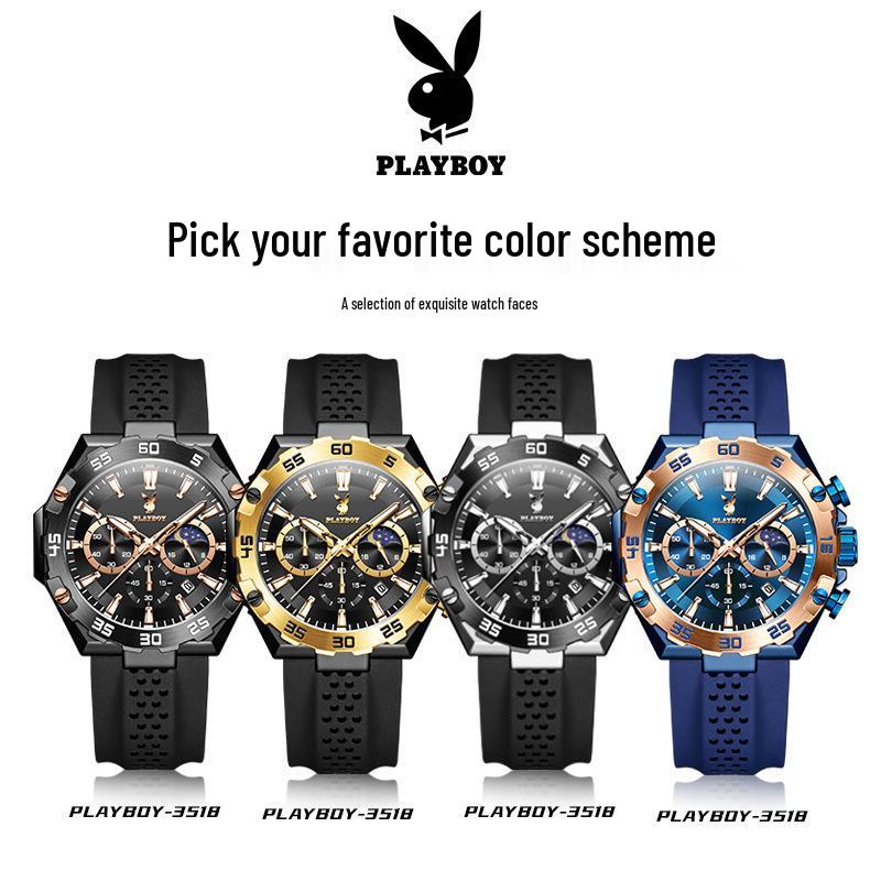 Мужские многофункциональные водонепроницаемые спортивные часы Playboy с большим циферблатом и дизайном «три глаза».