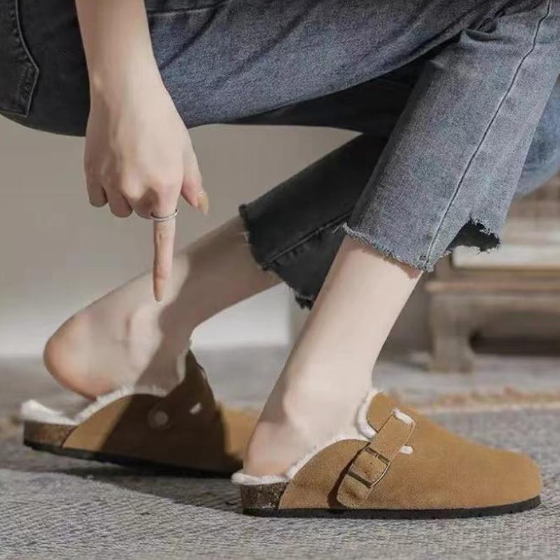 Женская обувь 2024 года, высококачественные зимние женские тапочки с круглым носком, сплошная пряжка из флока, плюшевые удобные плоские ретро-тапочки