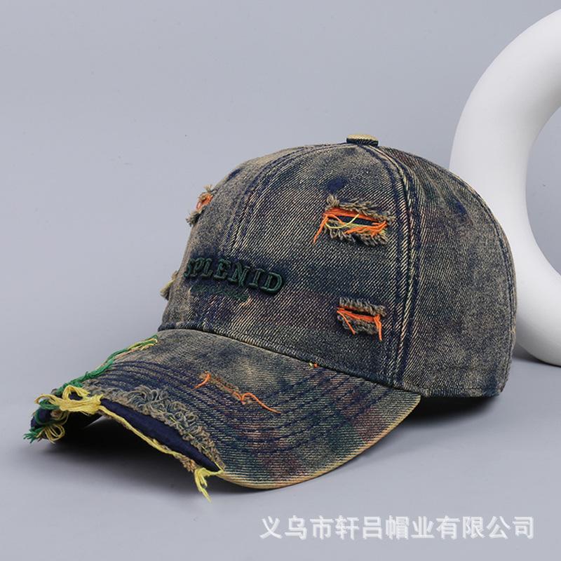 Fashion New Rainbow Denim Ripped Baseball Cap Men's and Women's Spring and Autumn Versatile Shade Washed Casual Sunscreen Cap
