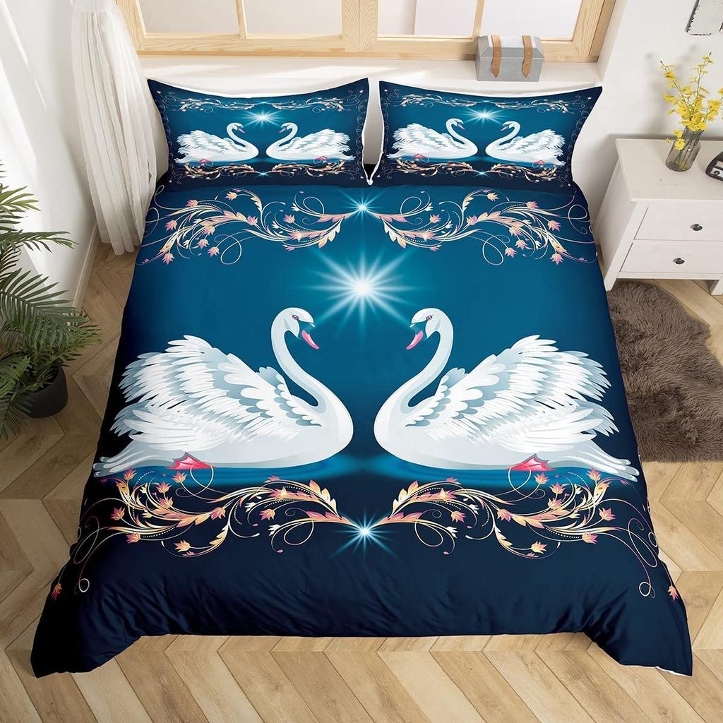 Romantic Swan Duvet Cover Set King Wild Animal Comforter Cover Butterfly Floral Bedding Set For Valentine's Day Wedding Decor