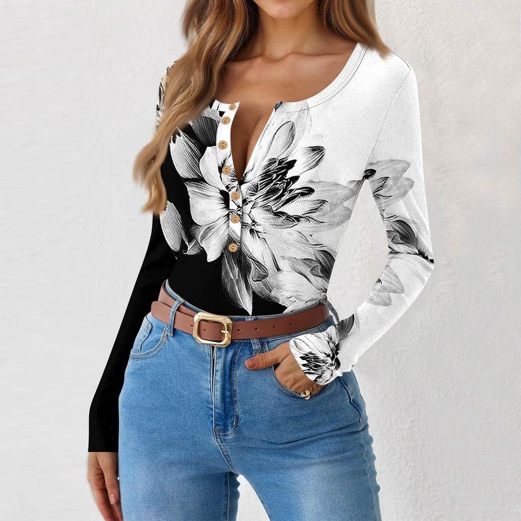 Women's Slim Bottom T-shirt Fashion Casual Gradient Printing Round Neck Pullover Long Sleeve Top