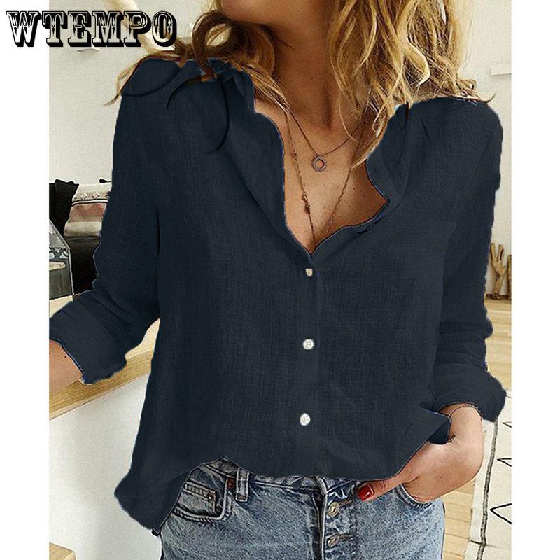 WTEMPO Офисные женские однотонные футболки с отложным воротником, женские весенние повседневные свободные рубашки с длинным рукавом на пуговицах, льняные рубашки на пуговицах