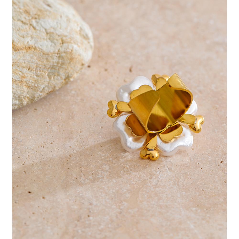 Eetit #7 Stainless Steel Imitation Pearls Flower Golden Handmade PVD Ring Trending Metal Fashion Elegance Popular Jewelry Gift
