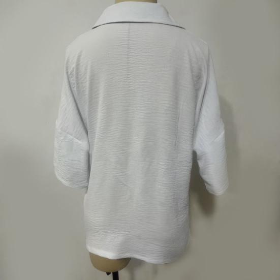 Women Shirt Loose Fit Lapel Half Sleeves Solid Color Pullover Tops Retro