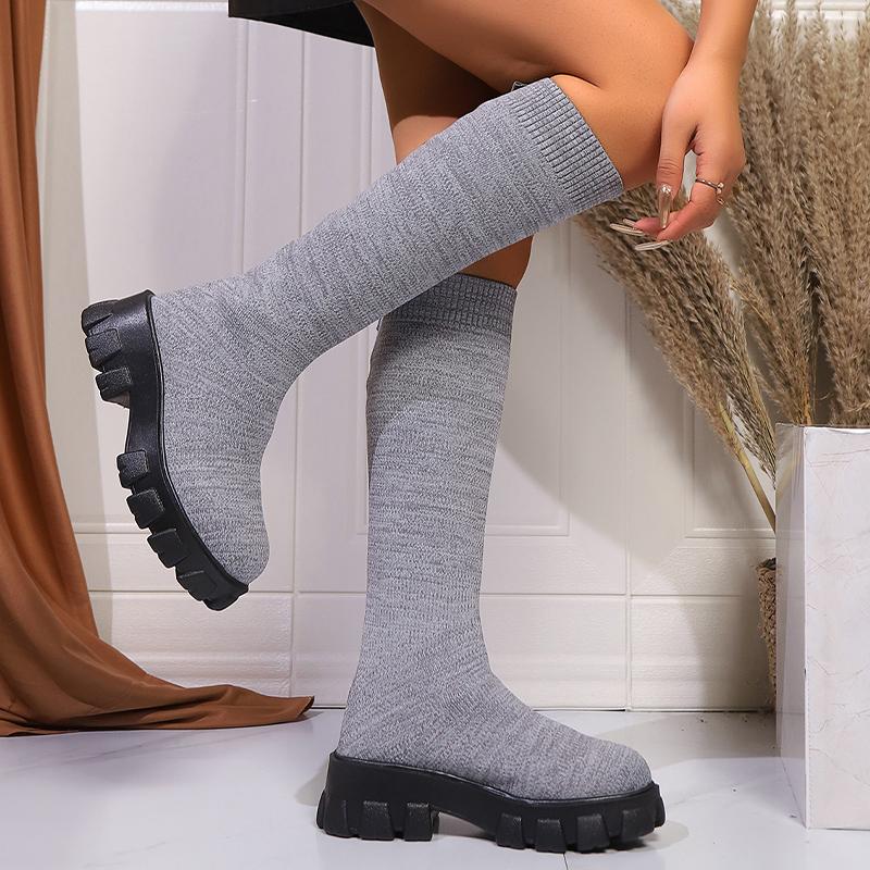 Новые Платформенные Вязаные Носки-Ботильоны Женские Плетеные Модные Ботинки Зимние Брендовые Челси Высокие Ботинки Тренд Снежные Готические Панк Ботас Мухер