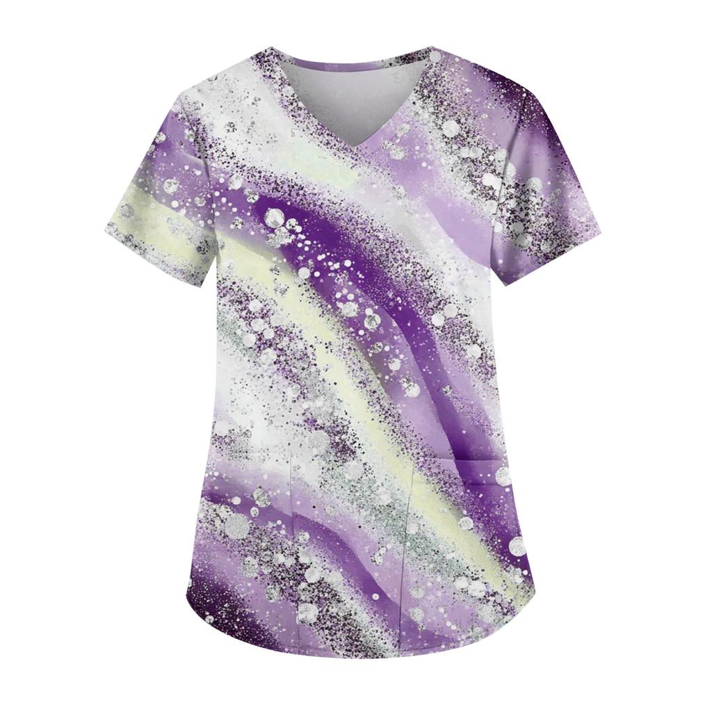 Рабочая форма больших размеров с принтом, топы для женщин, забавные футболки с v-образным вырезом и короткими рукавами, рабочая одежда, футболка с карманами