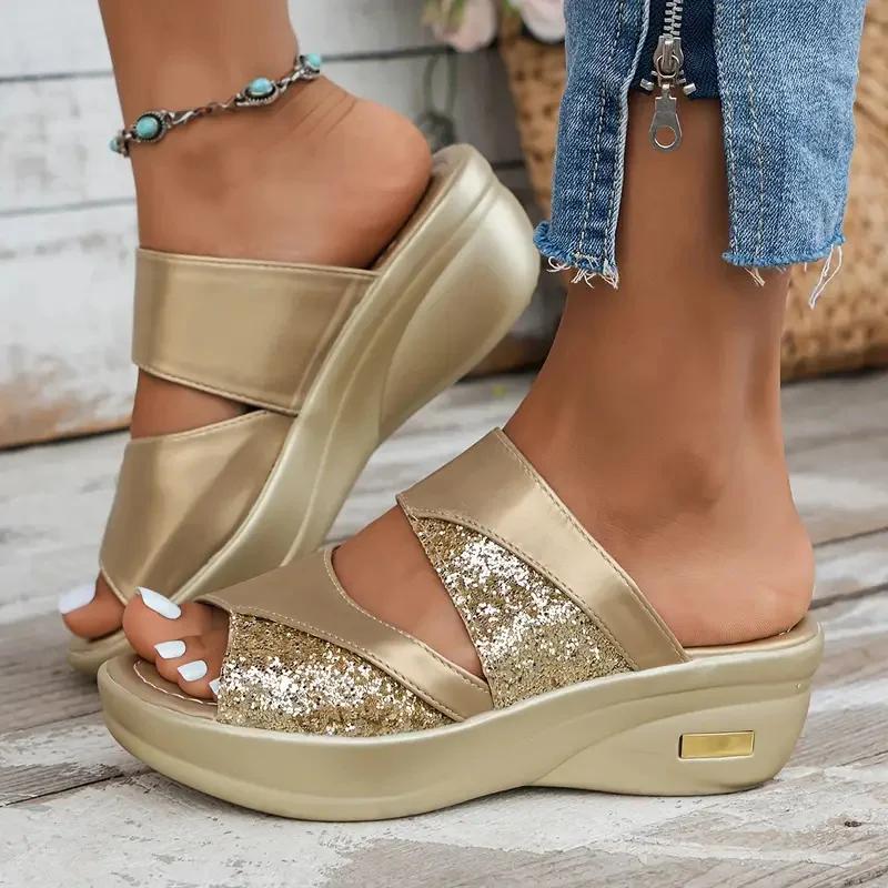 Fashion Women Wedge Slippers Glitter Platform Comfortable Sandals Casual Sling Backs Slippers New Summer Shoes for Women Slides Women