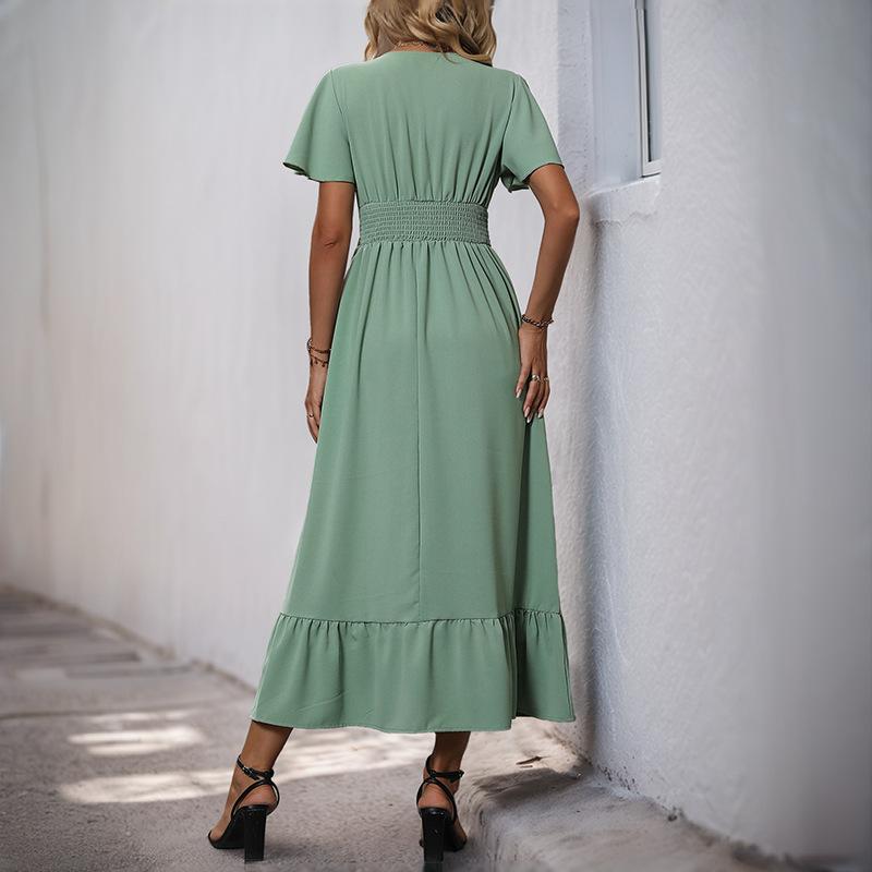 Женские модные летние весенние однотонные повседневные платья с v-образным вырезом и короткими рукавами и высокой талией