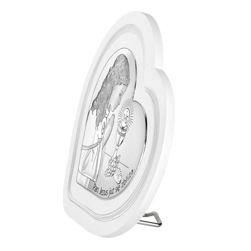 Srebrny obrazek z dziewczynką "Pan Jezus już się zbliża" biała ramka+ grawer 6750SW-A 11,4 x 10,6 cm